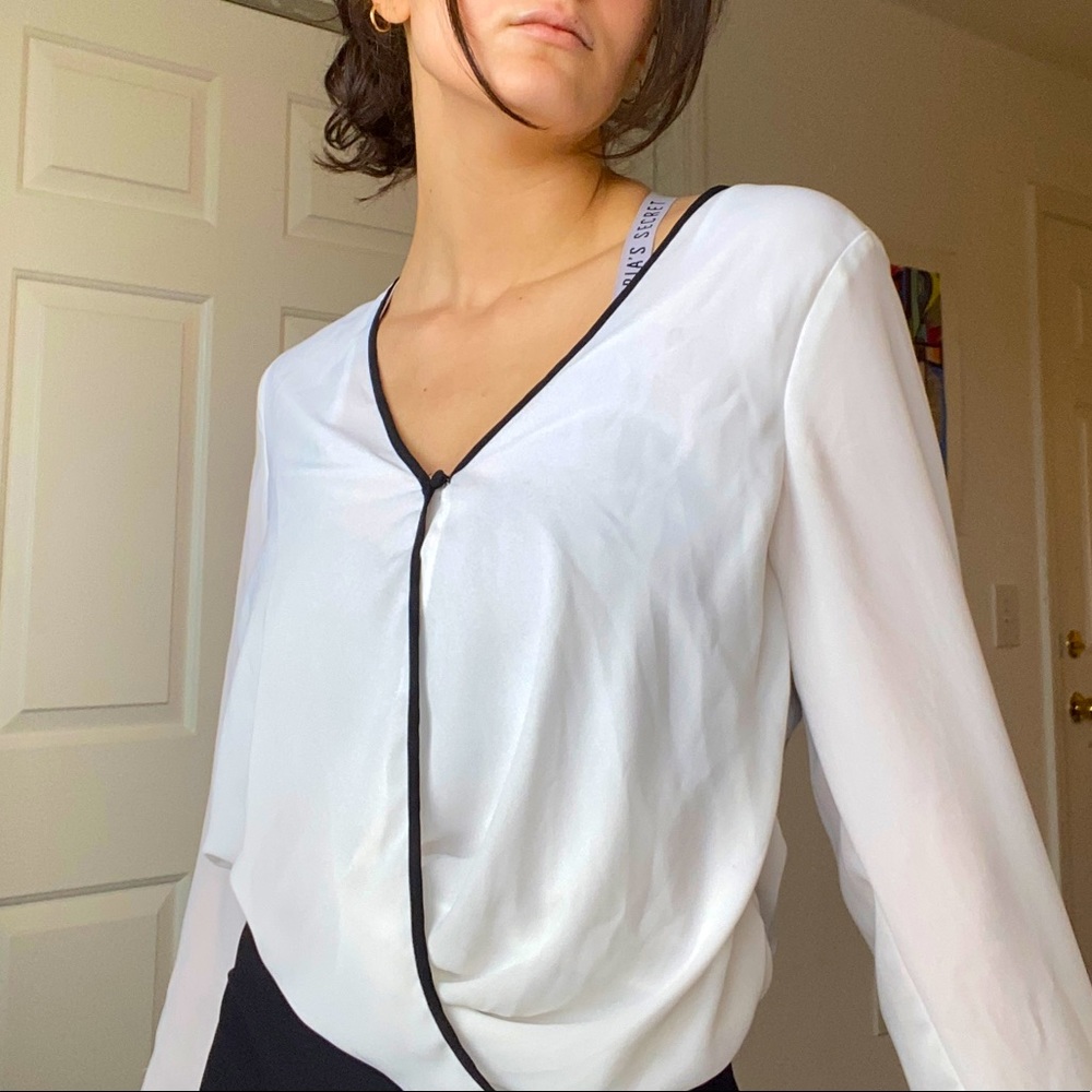 H&M Women’s Wrap-Style Black Piped White Blouse